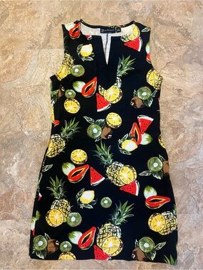 New York & Company Black Tropical Fruit Print Mini Dress